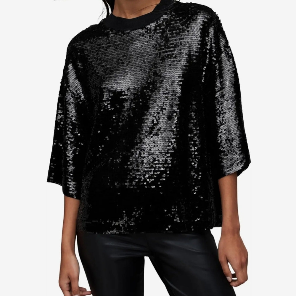 NEW ALLSAINTS Juela Tee Women's Sz M Black Sequin NWT